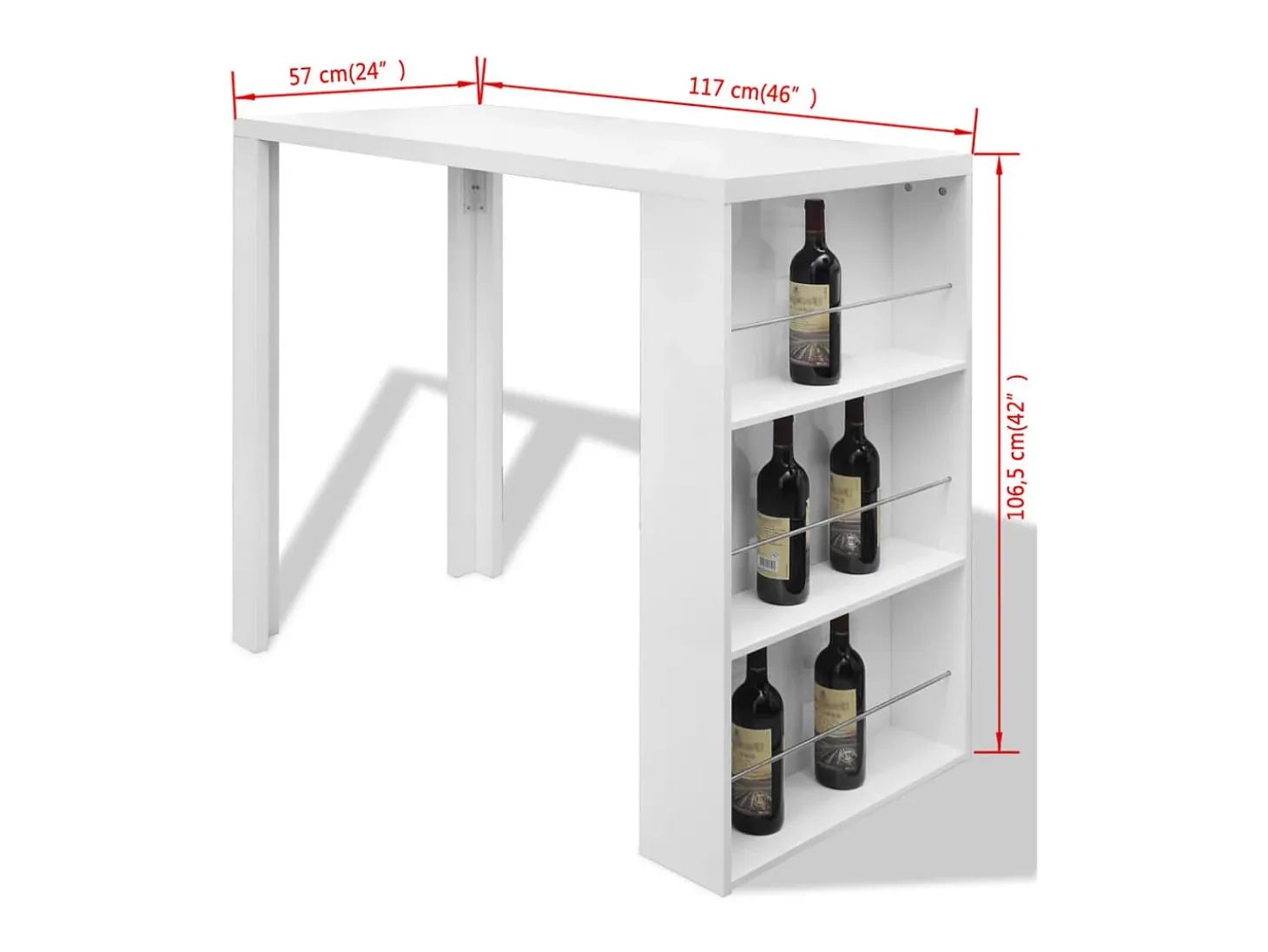 Mesa alta de cocina con estantes para botellas blanca brillante