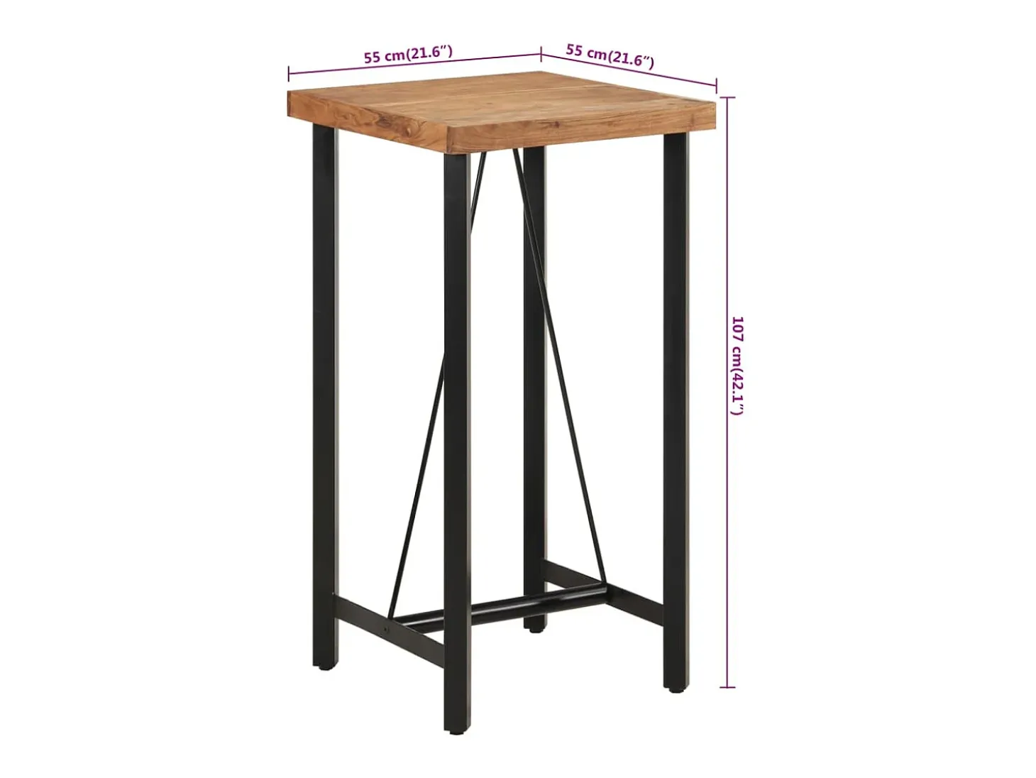 Mesa alta de hierro y madera maciza de acacia 55x55x107 cm
