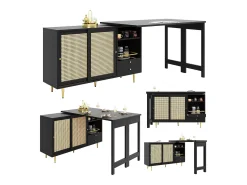 Mesa alta extensible giratoria de 360° con espacio de almacenamiento y estante abierto, color negro, con puerta de ratán.