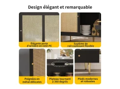 Mesa alta extensible giratoria de 360° con espacio de almacenamiento y estante abierto, color negro, con puerta de ratán.