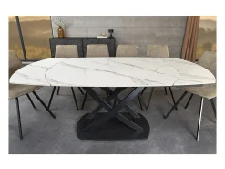 Mesa ATONIA – Ovalada extensible 130 a 190 cm – Tablero de cerámica efecto mármol blanco – Patas de metal – Estilo moderno