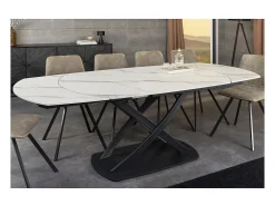 Mesa ATONIA – Ovalada extensible 130 a 190 cm – Tablero de cerámica efecto mármol blanco – Patas de metal – Estilo moderno