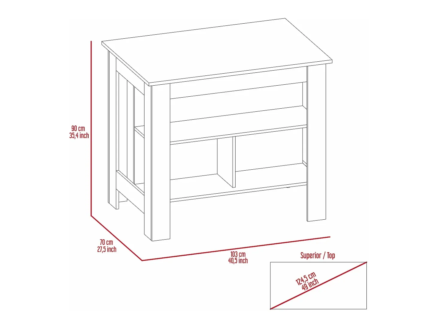 Mesa Auxiliar de cocina Cala en melamina con 3 estantes , 89.91 cm X 102.8 cm X 69.85 cm , Marrón