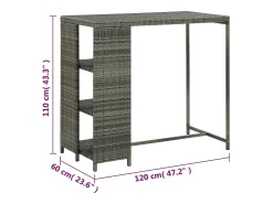 Mesa bar estante almacenaje 120x60x110cm ratán sintético gris