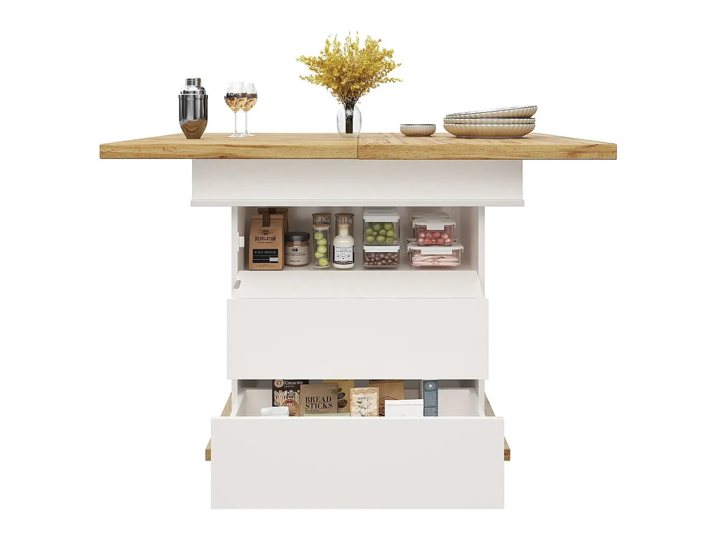 Mesa comedor extensible 110-140×80 cm - para 4-6 personas - con 1 puerta y 2 cajones - blanco