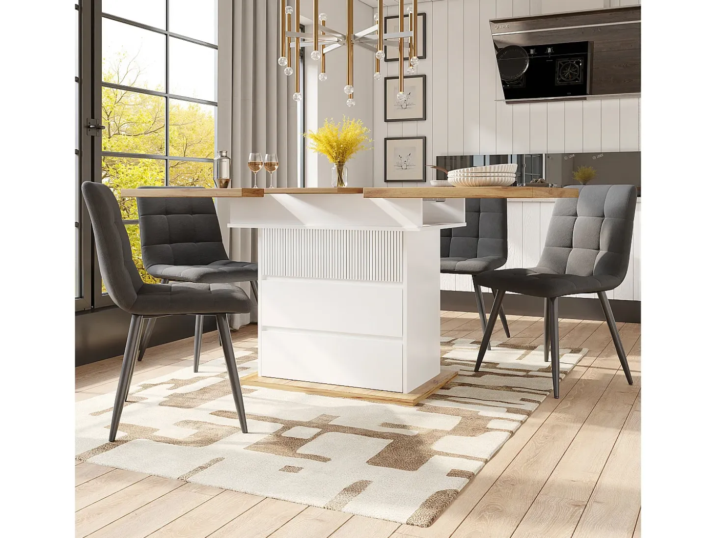 Mesa comedor extensible 110-140×80 cm - para 4-6 personas - con 1 puerta y 2 cajones - blanco