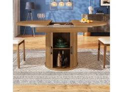 Mesa comedor extensible - MDF - Mesa redonda - 118-158 cm - 6 personas - 1 puerta - 2 estantes - natural