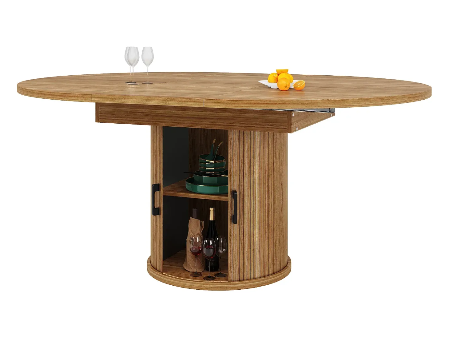 Mesa comedor extensible - MDF - Mesa redonda - 118-158 cm - 6 personas - 1 puerta - 2 estantes - natural