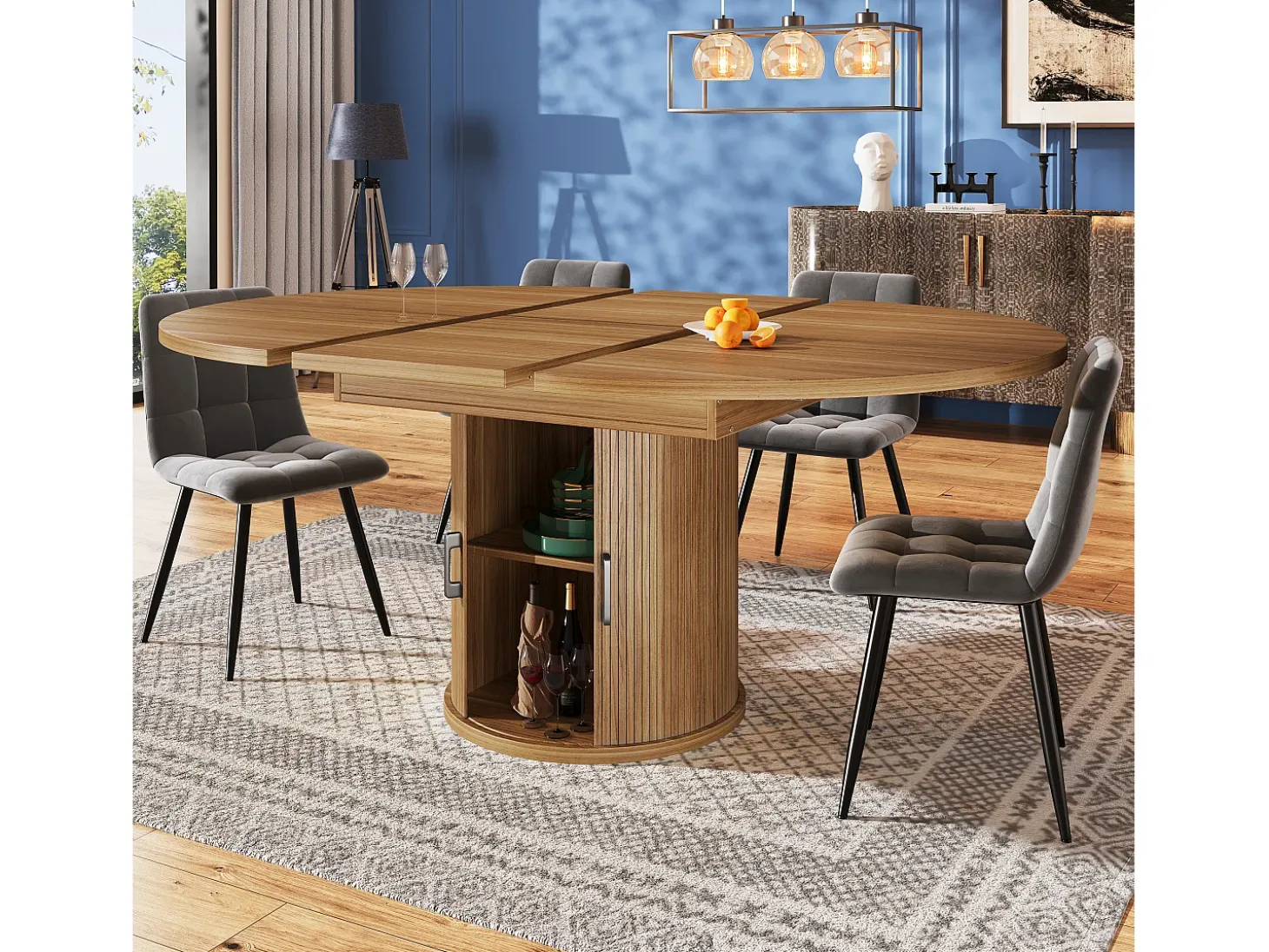 Mesa comedor extensible - MDF - Mesa redonda - 118-158 cm - 6 personas - 1 puerta - 2 estantes - natural