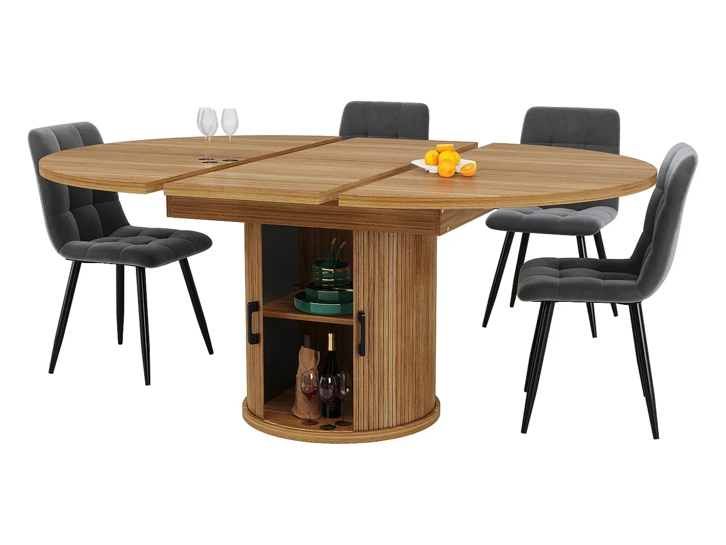 Mesa comedor extensible - MDF - Mesa redonda - 118-158 cm - 6 personas - 1 puerta - 2 estantes - natural