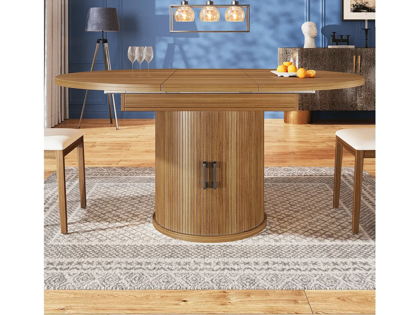 Mesa comedor extensible - MDF - Mesa redonda - 118-158 cm - 6 personas - 1 puerta - 2 estantes - natural