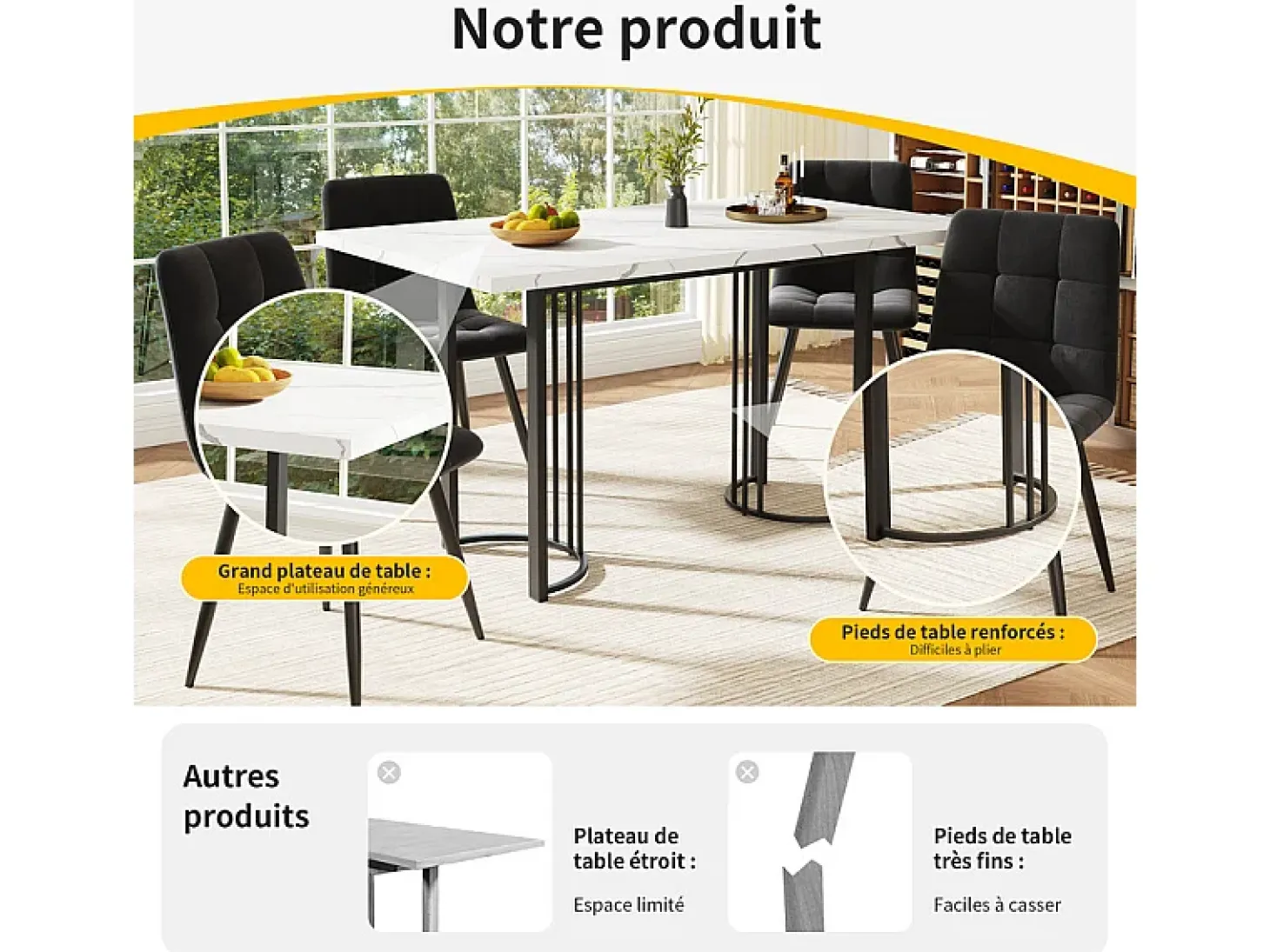 Mesa comedor extensible para 6-8 personas en MDF y metal - Efecto mármol blanco - 140/179,5x80x75,5 cm