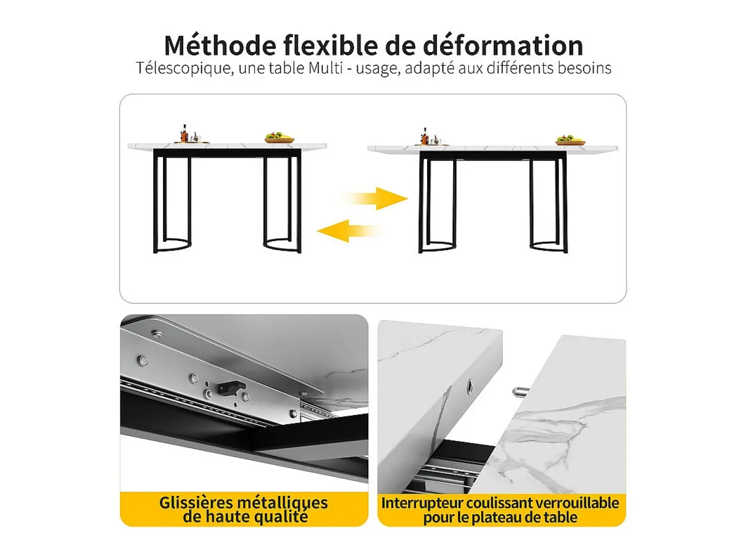 Mesa comedor extensible para 6-8 personas en MDF y metal - Efecto mármol blanco - 140/179,5x80x75,5 cm