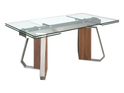 Mesa comedor extensible rectangular cristal templado, nogal y acero cromado 1159 ANGEL CERDA