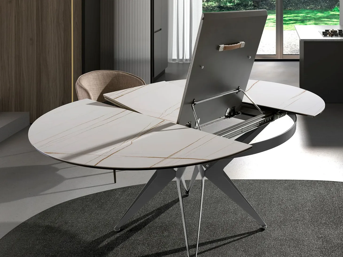 Mesa comedor extensible redonda mármol porcelánico y acero gris 1119 ANGEL CERDA