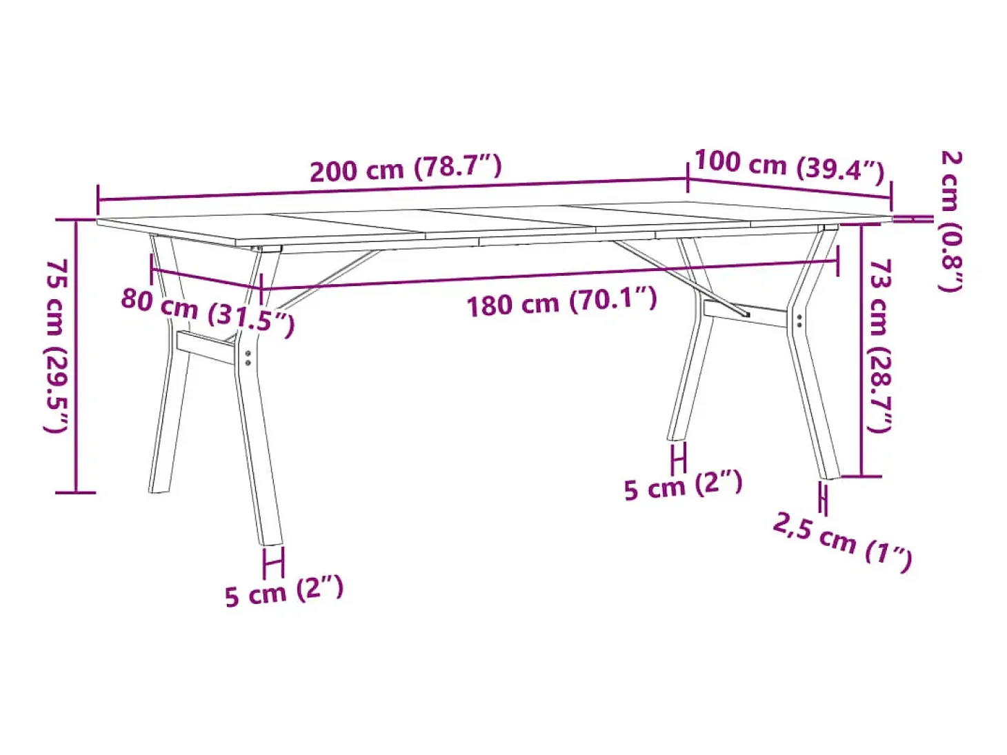 Mesa comedor marco Y madera maciza pino y hierro 200x100x75 cm