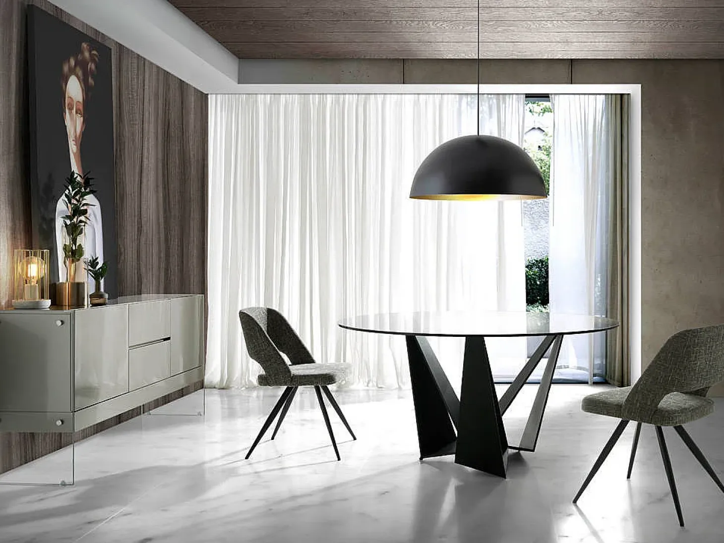 Mesa comedor redonda cristal templado y acero negro 1045 ANGEL CERDA