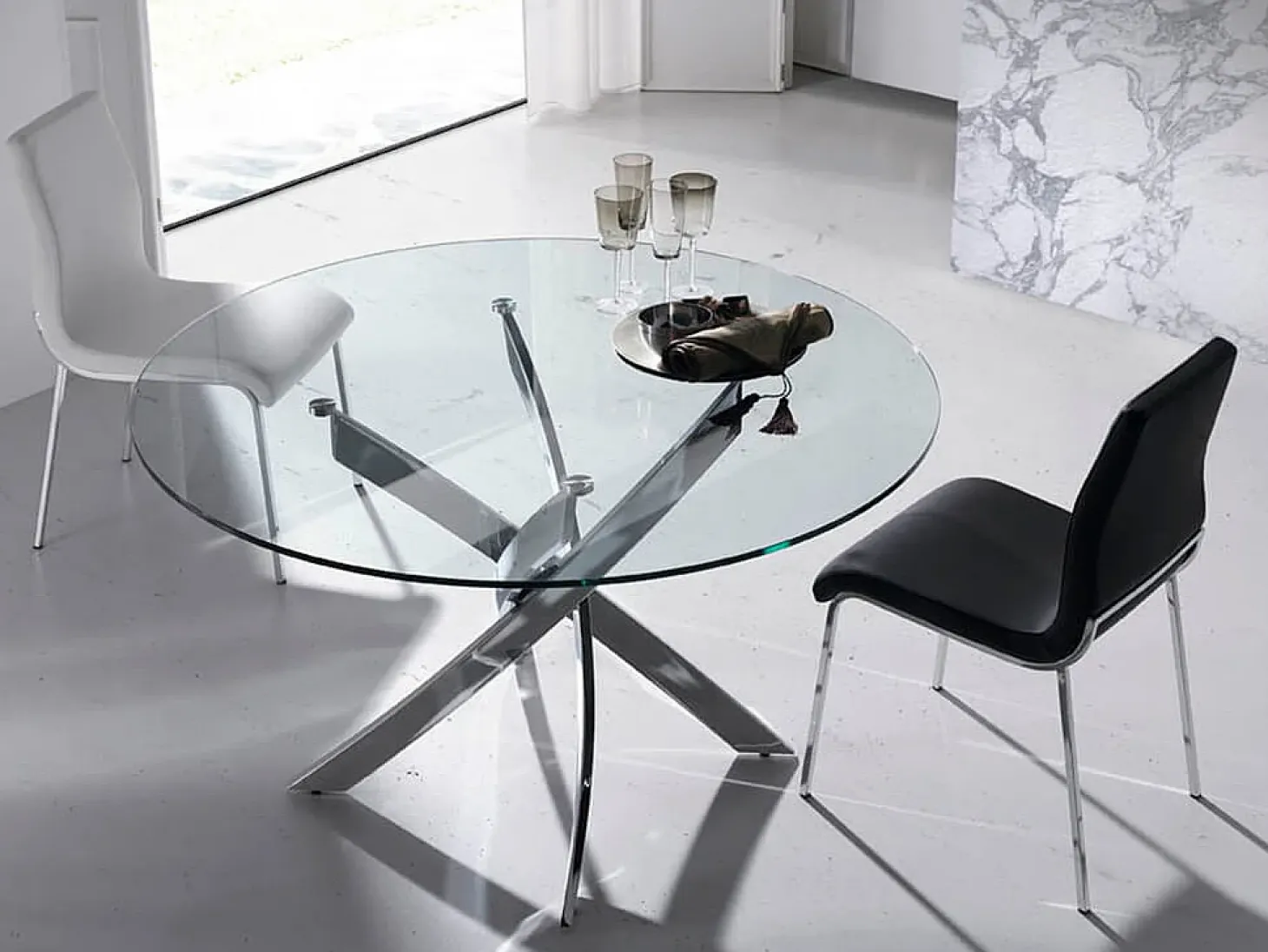 Mesa comedor redonda cristal templado y acero cromado 1061-Ø120 ANGEL CERDA