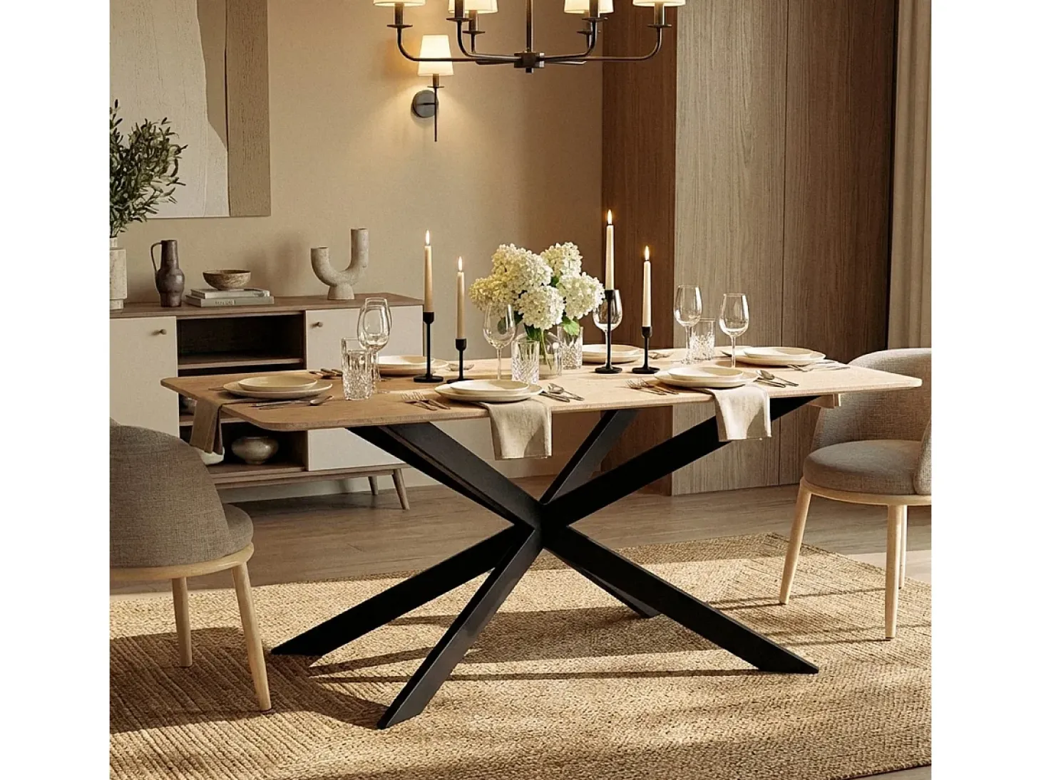 Mesa con patas cruzadas de diseño 160x90 cm de madera y metal Shaila - Natural