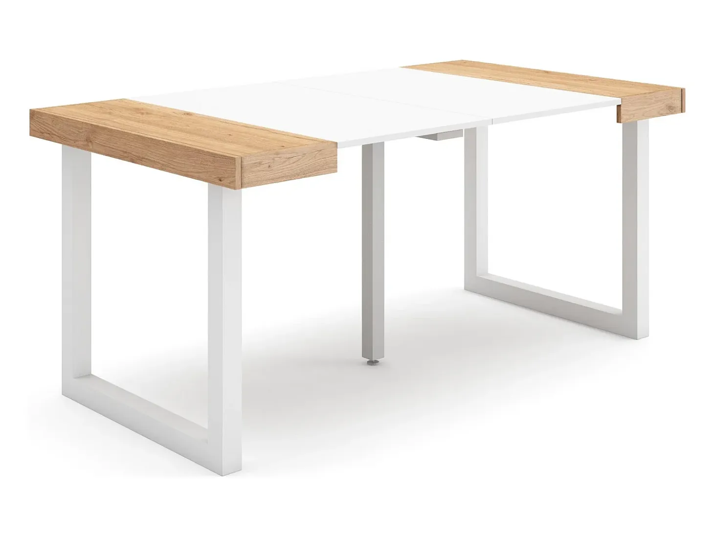 Mesa Consola extensible, 160x90x73cm, Para 8 comensales, Patas madera maciza, Roble y blanco