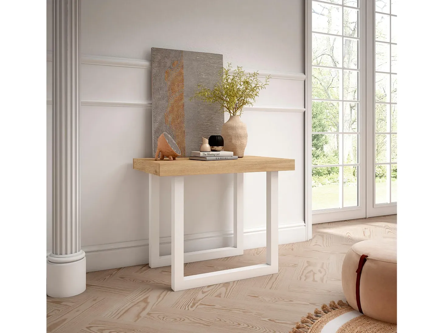 Mesa Consola extensible, 160x90x73cm, Para 8 comensales, Patas madera maciza, Roble y blanco