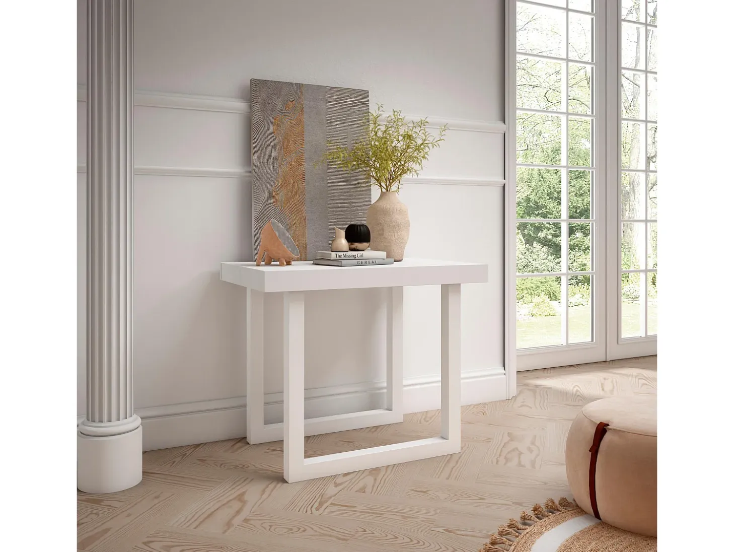 Mesa Consola extensible, 180x90x73cm, Para 8 comensales, Patas madera maciza, Blanco