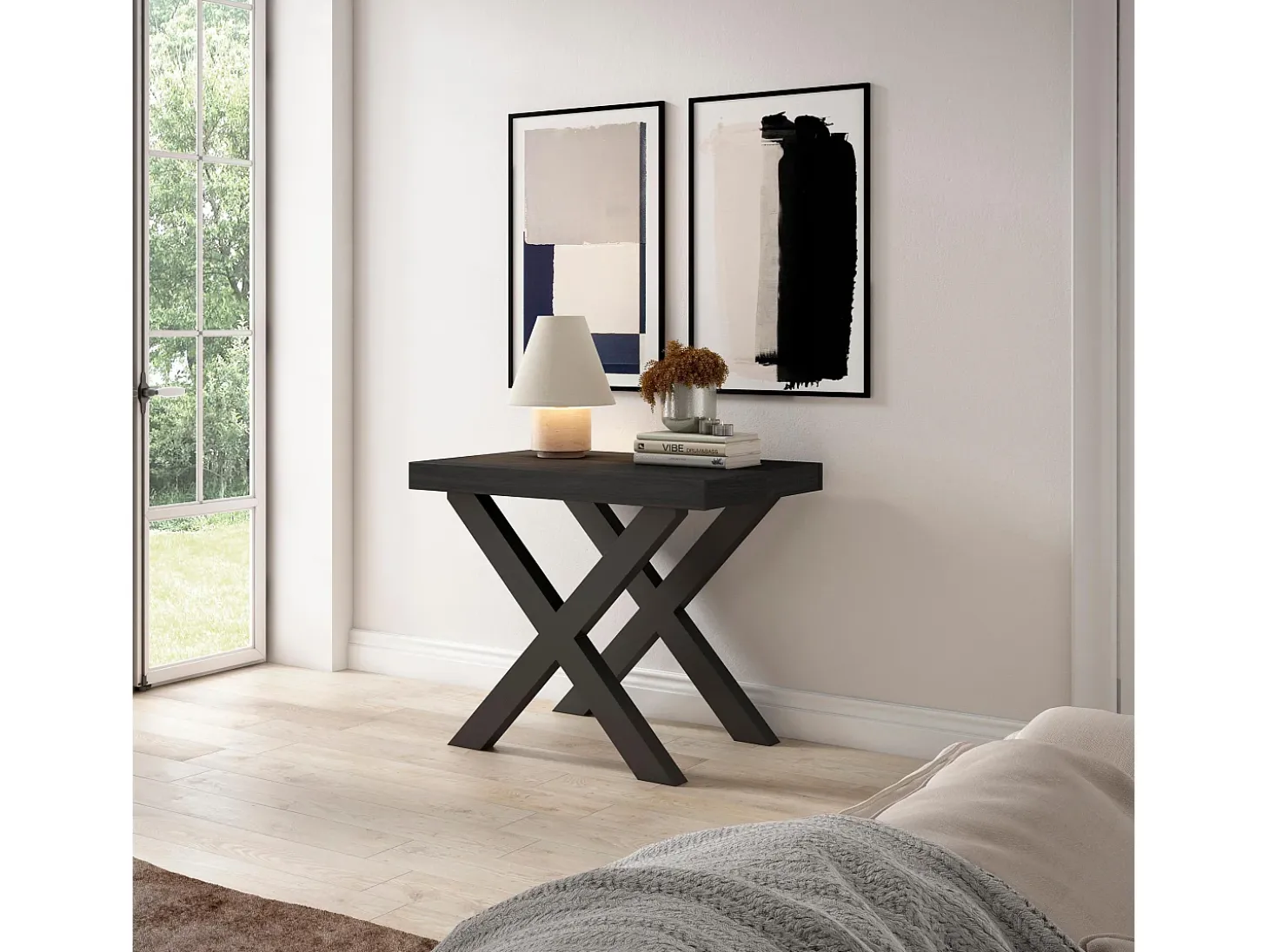 Mesa Consola extensible, 140x90x73cm, Para 6 comensales, Patas madera maciza, Negro
