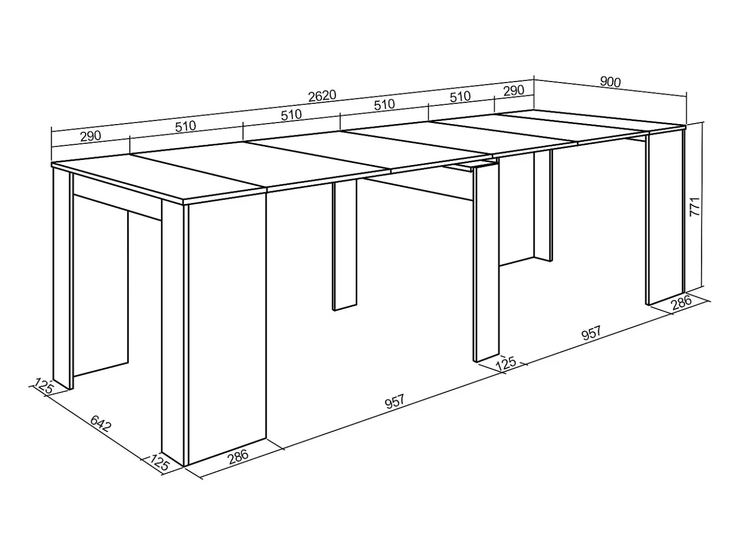 Mesa Consola extensible, 262x90x77cm, Para 12 comensales, Comedor y cocina, Roble