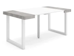 Mesa Consola extensible, 160x90x73cm, Para 8 comensales, Patas madera maciza, Blanco y Cemento