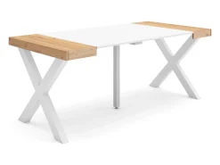 Mesa Consola extensible, 180x90x73cm, Para 8 comensales, Patas madera maciza, Roble y blanco