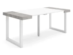 Mesa Consola extensible, 180x90x73cm, Para 8 comensales, Patas madera maciza, Blanco y Cemento