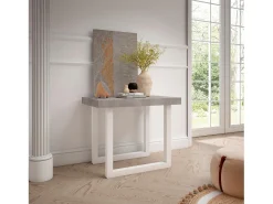Mesa Consola extensible, 180x90x73cm, Para 8 comensales, Patas madera maciza, Blanco y Cemento