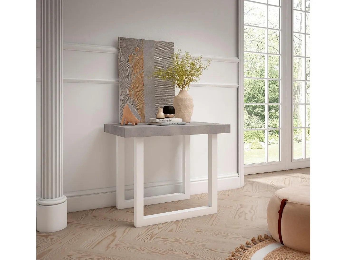 Mesa Consola extensible, 140x90x73cm, Para 6 comensales, Patas madera maciza, Cemento