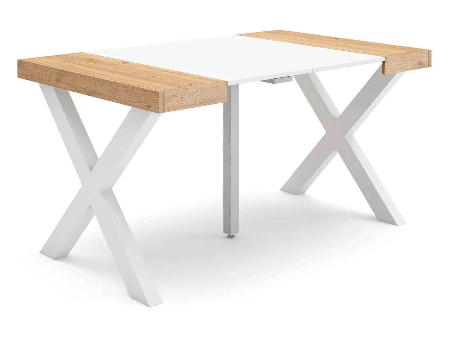 Mesa Consola extensible, 140x90x73cm, Para 6 comensales, Patas madera maciza, Roble y blanco