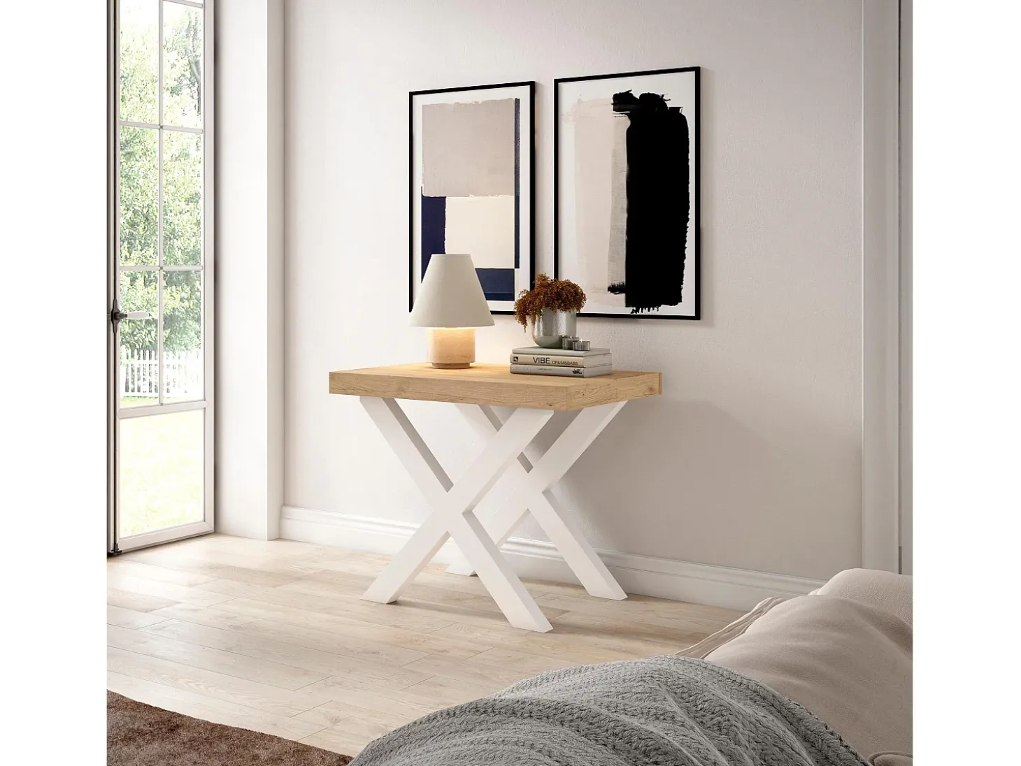 Mesa Consola extensible, 180x90x73cm, Para 8 comensales, Patas madera maciza, Roble