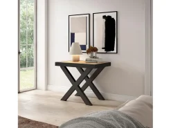 Mesa Consola extensible, 140x90x73cm, Para 6 comensales, Patas madera maciza, Roble y negro