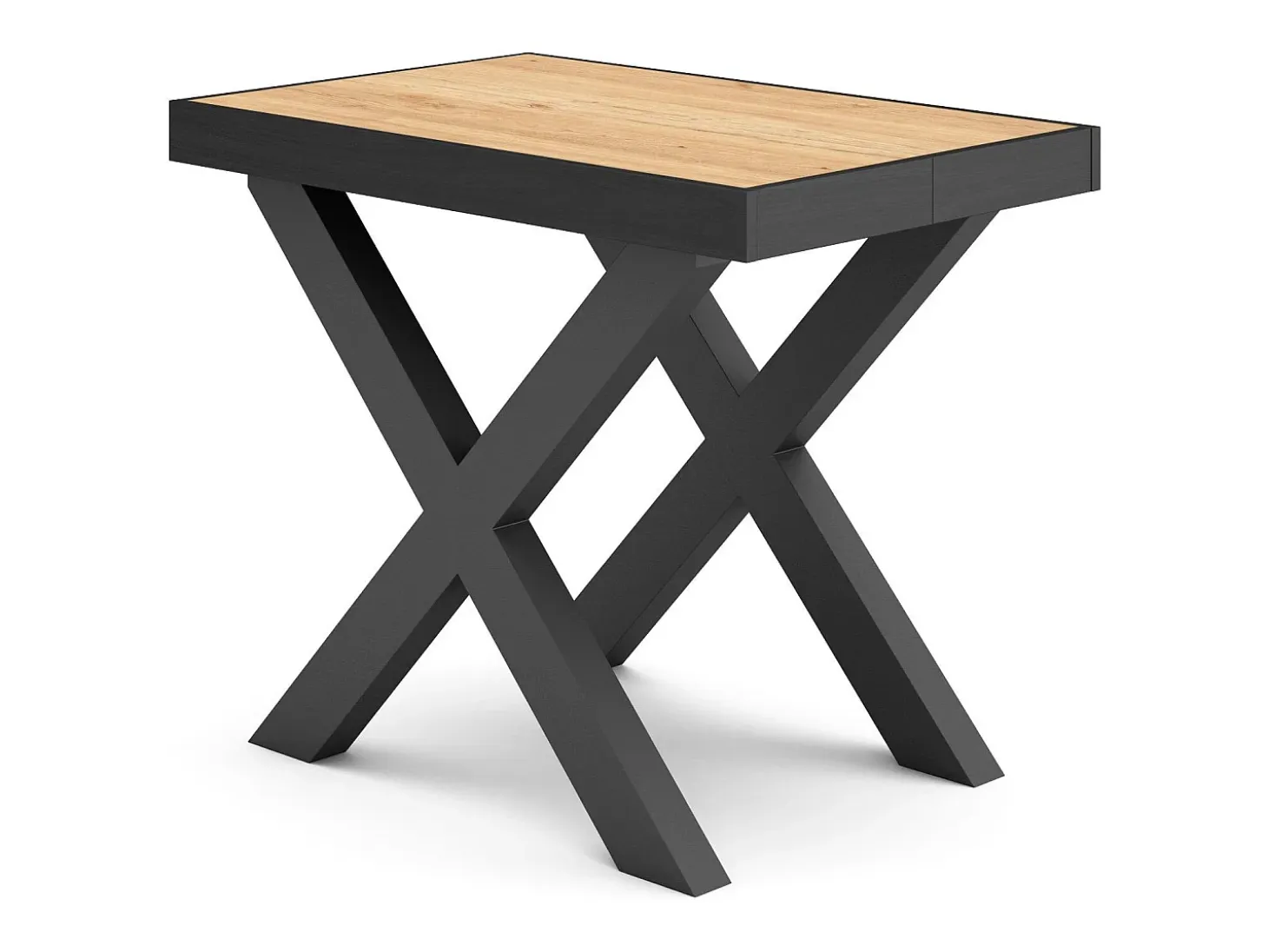 Mesa Consola extensible, 140x90x73cm, Para 6 comensales, Patas madera maciza, Roble y negro