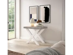 Mesa Consola extensible, 180x90x73cm, Para 8 comensales, Patas madera maciza, Blanco y Cemento