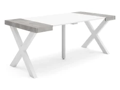 Mesa Consola extensible, 180x90x73cm, Para 8 comensales, Patas madera maciza, Blanco y Cemento