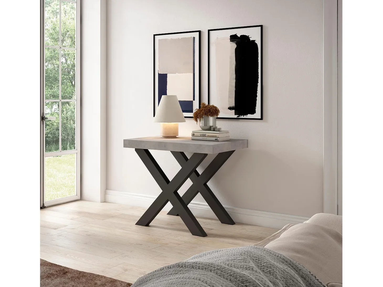 Mesa Consola extensible, 160x90x73cm, Para 8 comensales, Patas madera maciza, Cemento