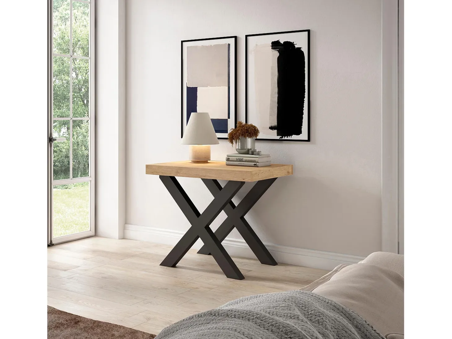 Mesa Consola extensible, 180x90x73cm, Para 8 comensales, Patas madera maciza, Roble