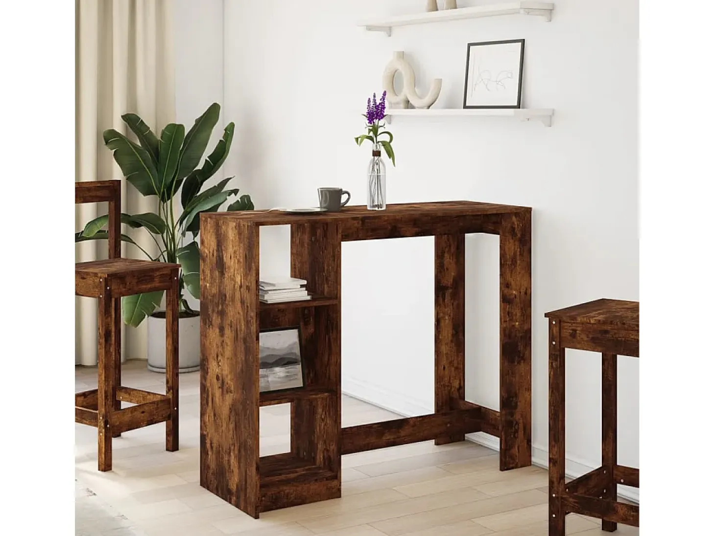 Mesa de bar con estante de madera de ingeniería de roble ahumado