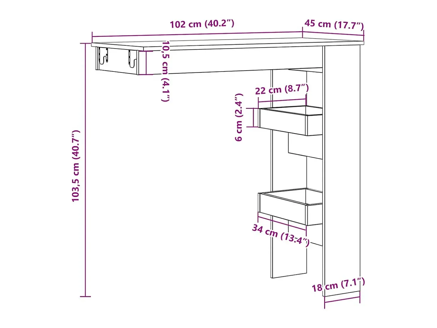 Mesa de bar de pared contrachapada roble artisan 102x45x103,5cm