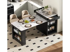 Mesa de bar extensible con tablero extraíble - 80 x 71/111/151 x 92 cm - con puerta + cajón - MDF + cristal - blanco + negro