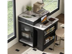 Mesa de bar extensible con tablero extraíble - 80 x 71/111/151 x 92 cm - con puerta + cajón - MDF + cristal - blanco + negro