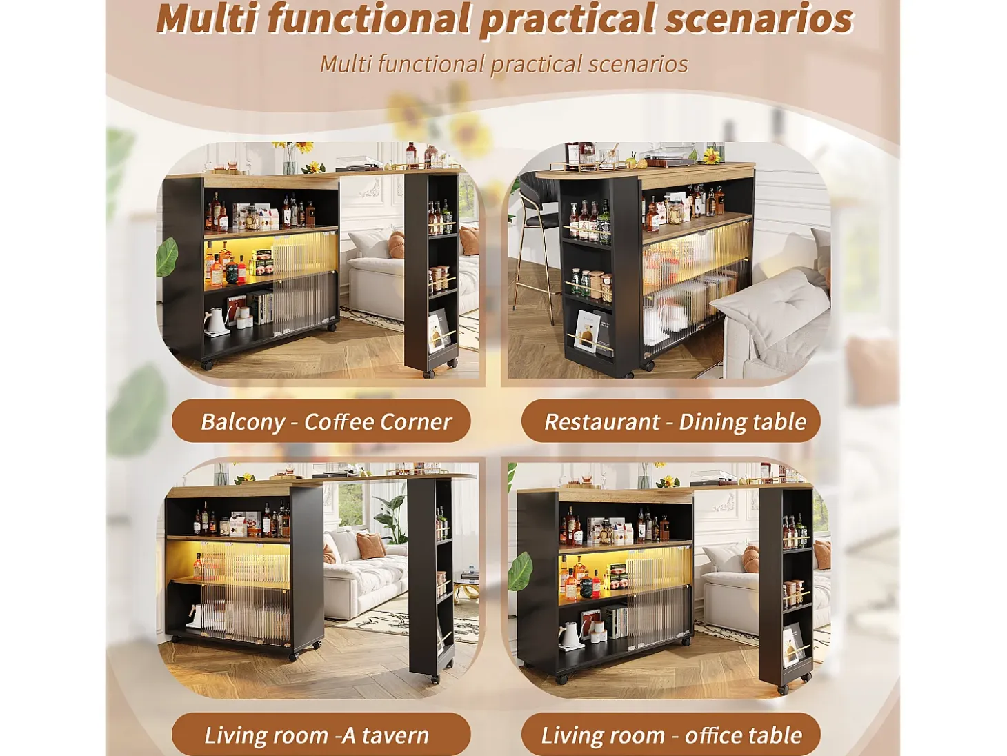 Mesa de bar extensible con espacio de almacenamiento, diseño moderno, MDF, color negro, con LED y ruedas (138-204 x 39 x 105 cm)
