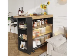 Mesa de bar extensible con espacio de almacenamiento, diseño moderno, MDF, color negro, con LED y ruedas (138-204 x 39 x 105 cm)