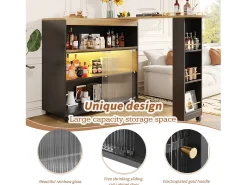 Mesa de bar extensible con espacio de almacenamiento, diseño moderno, MDF, color negro, con LED y ruedas (138-204 x 39 x 105 cm)
