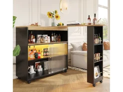 Mesa de bar extensible con espacio de almacenamiento, diseño moderno, MDF, color negro, con LED y ruedas (138-204 x 39 x 105 cm)