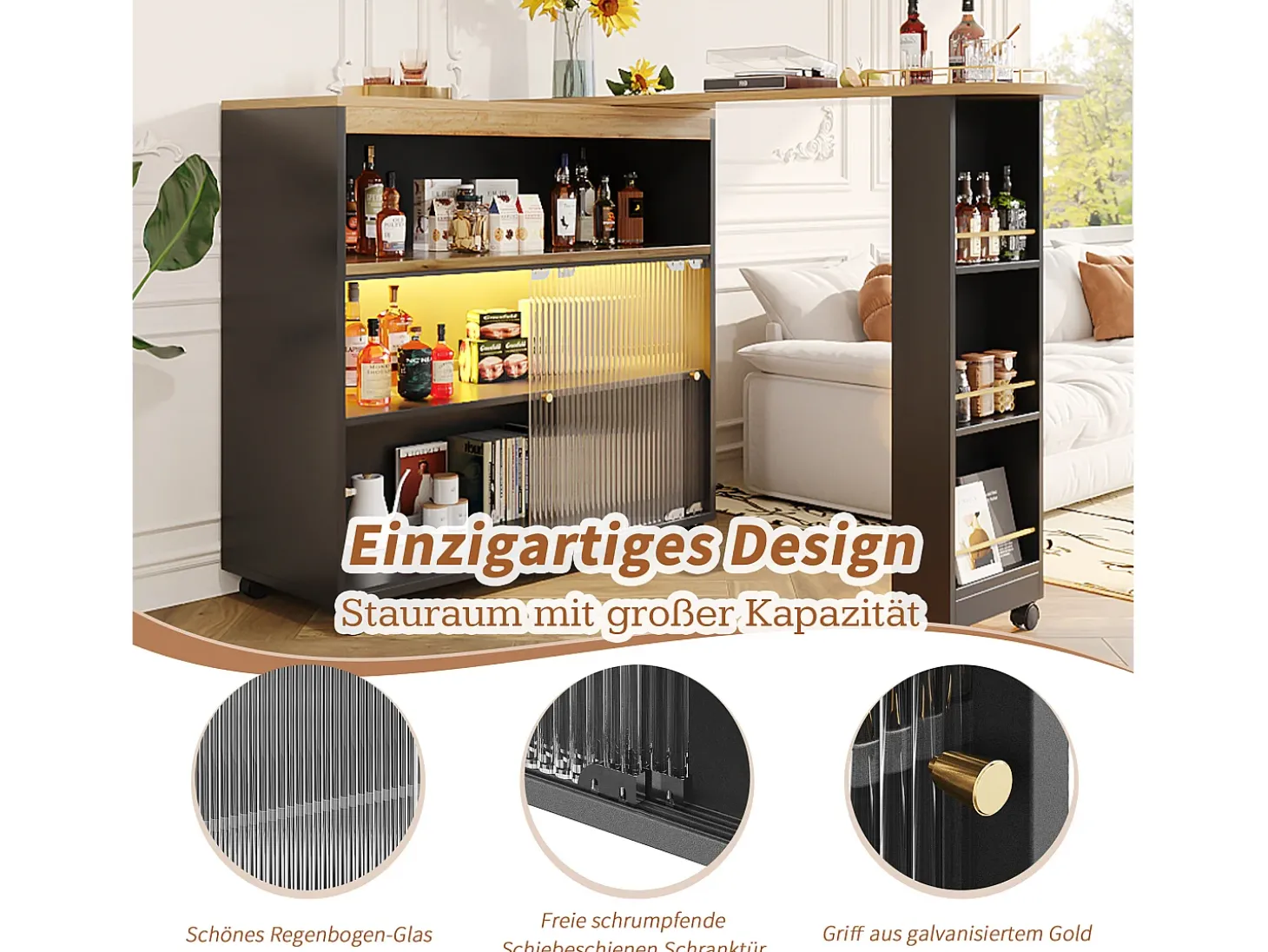 Mesa de bar extensible con espacio de almacenamiento, diseño moderno, MDF, color negro, con LED y ruedas (138-204 x 39 x 105 cm)